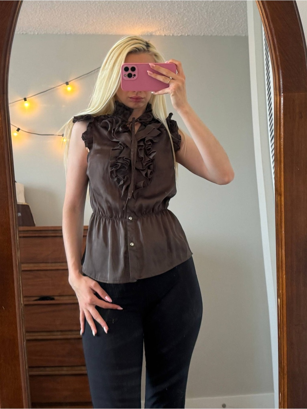 Cute Sleeveless Ruffle Front Blouse in Dark Brown